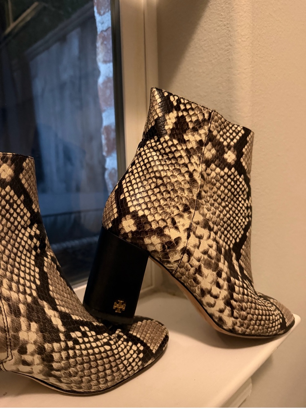 Tory Burch Black & White Snake-Print Ankle Booties